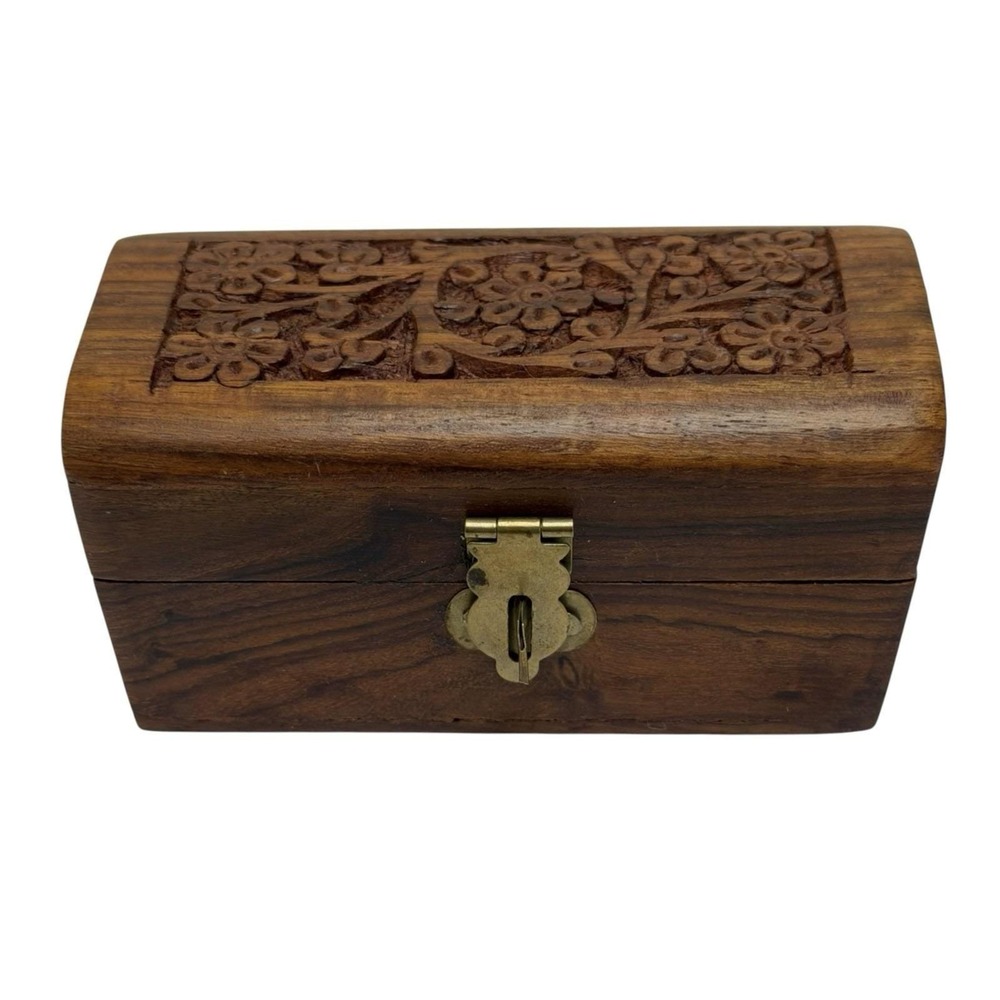Vintage Handmade Wooden Jewelry Box Intricate Floral Carving Design 4.125"